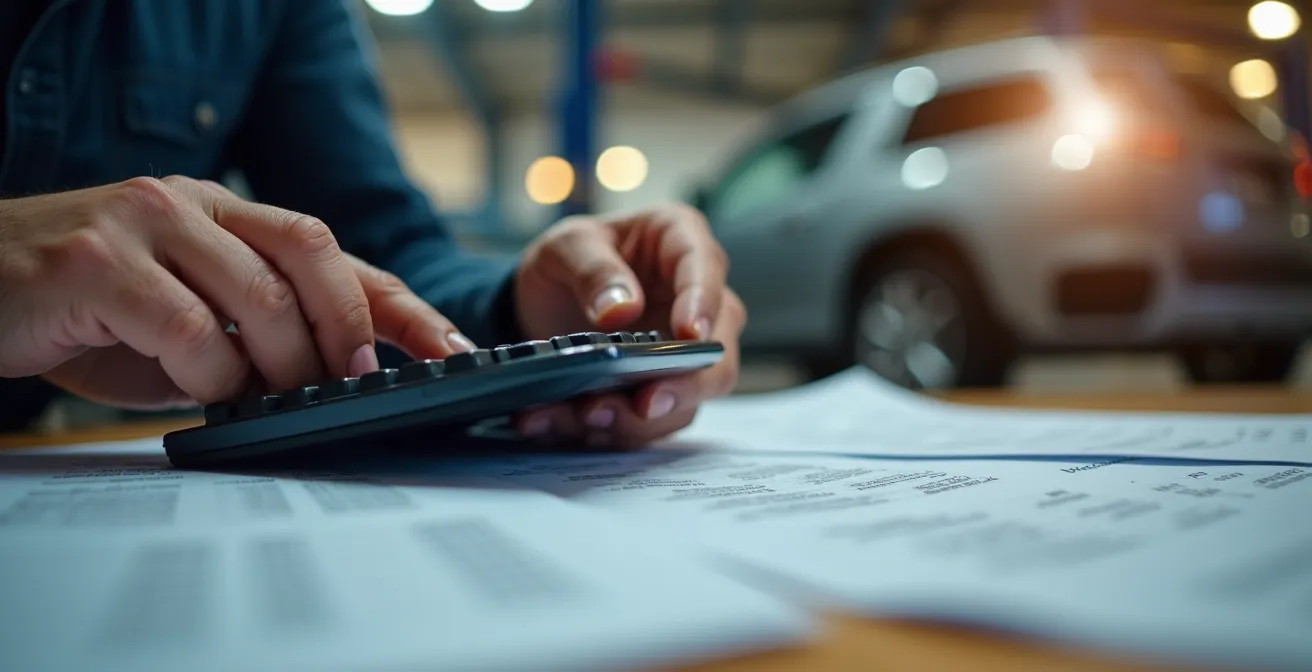 Mains calculant des économies d'entretien automobile avec calculatrice et documents financiers