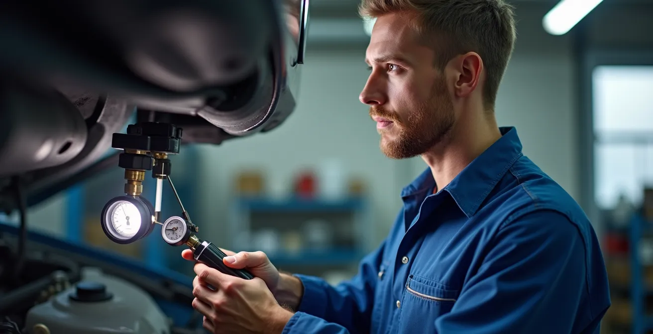 Mécanicien utilisant un manomètre pour tester la pression du circuit de climatisation