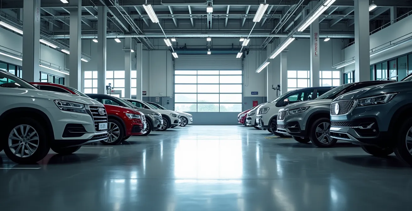 Vue large d'un garage automobile moderne avec plusieurs postes de travail et véhicules en entretien