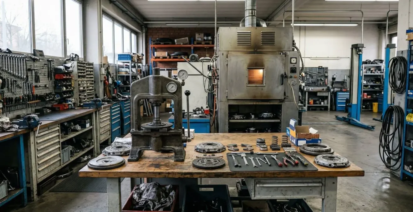 Établi d'atelier spécialisé avec équipement de regarnissage embrayage et four de cuisson