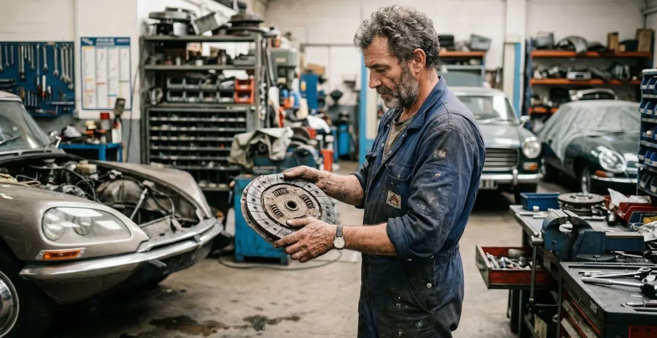 Technicien spécialisé véhicules anciens examinant un disque d'embrayage dans son atelier