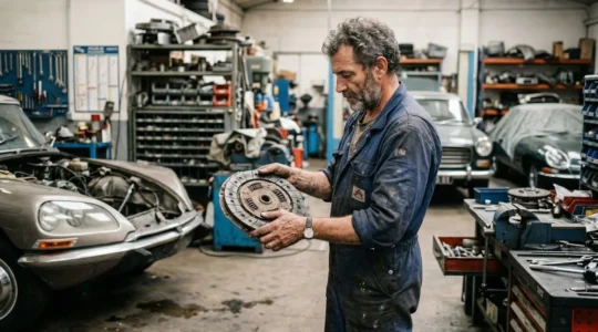 Technicien spécialisé véhicules anciens examinant un disque d'embrayage dans son atelier