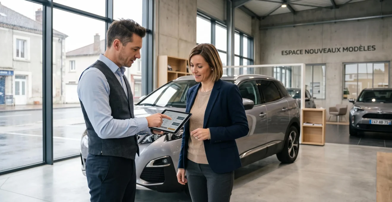 Conseiller commercial d'une concession automobile française montrant des informations sur tablette à une cliente devant un SUV exposé dans un showroom moderne et lumineux