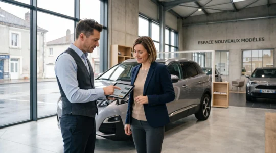Conseiller commercial d'une concession automobile française montrant des informations sur tablette à une cliente devant un SUV exposé dans un showroom moderne et lumineux