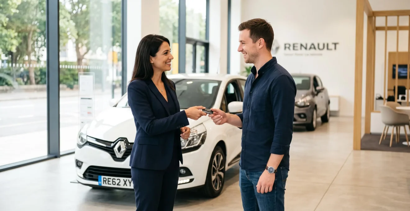 Conseillère automobile remettant les clés d'un véhicule compact blanc à un client souriant dans le showroom lumineux d'une concession française