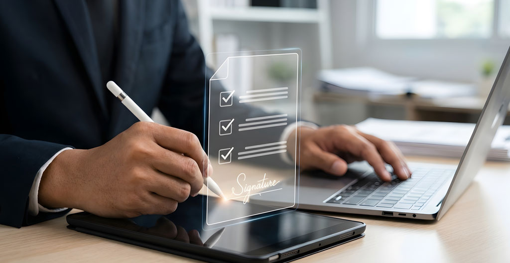 Mains d'un client tenant un stylet pour signer électroniquement un contrat de financement automobile affiché en français sur une tablette dans un bureau de concession