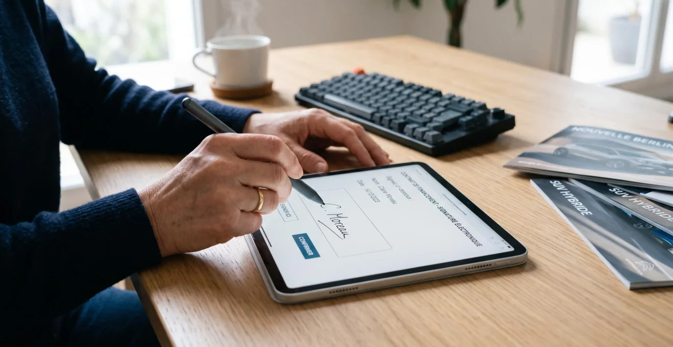 Mains d'un client tenant un stylet pour signer électroniquement un contrat de financement automobile affiché en français sur une tablette dans un bureau de concession