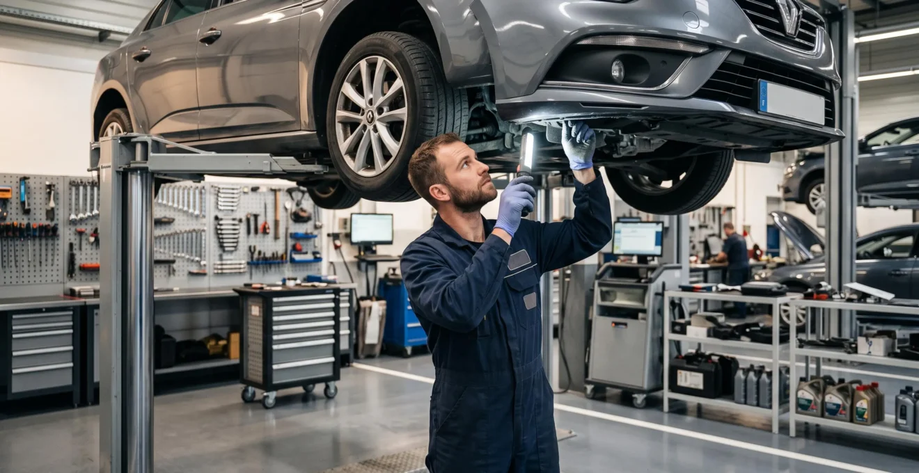 Technicien automobile en atelier de concession inspectant le dessous d'un véhicule levé sur pont élévateur avec une lampe torche