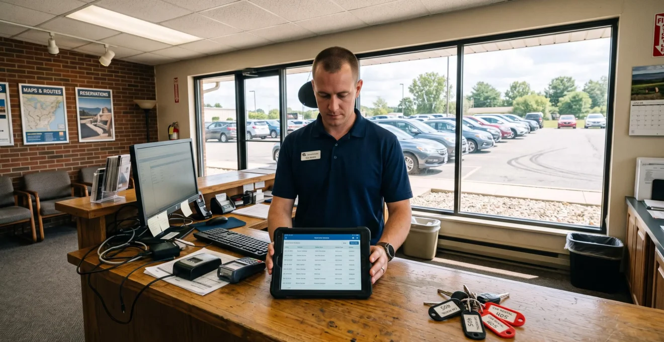 Un agent de location vérifie le planning des réservations sur une tablette au comptoir.