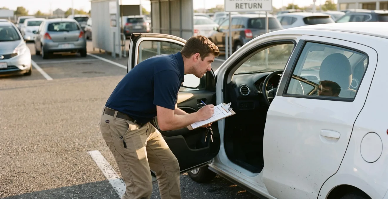 Un employé inspecte l'intérieur d'une voiture de location lors d'un retour de véhicule.