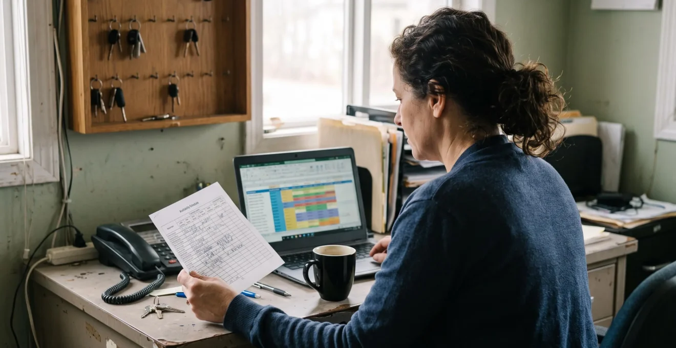 Un responsable compare un planning papier et un calendrier numérique sur son ordinateur.